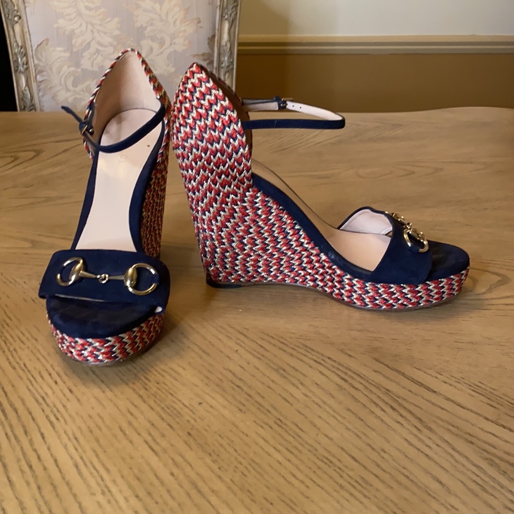 ❤️ Authentic Gucci Blue Suede Horsebit Espadrille Wedge Heels - Picture 10 of 11